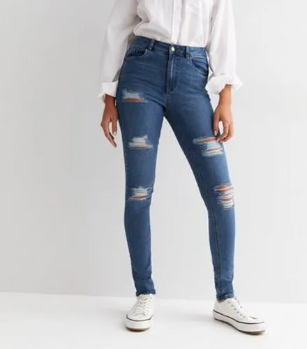 Tall Blue Extreme Ripped High Waist Hallie Super Skinny Jeans New Look