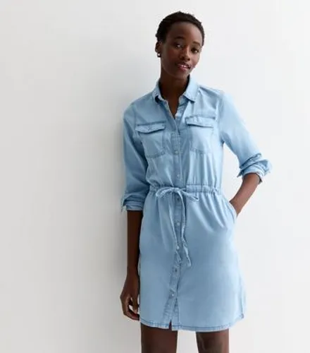 Tall Blue Lightweight Denim Drawstring Mini Shirt Dress New Look