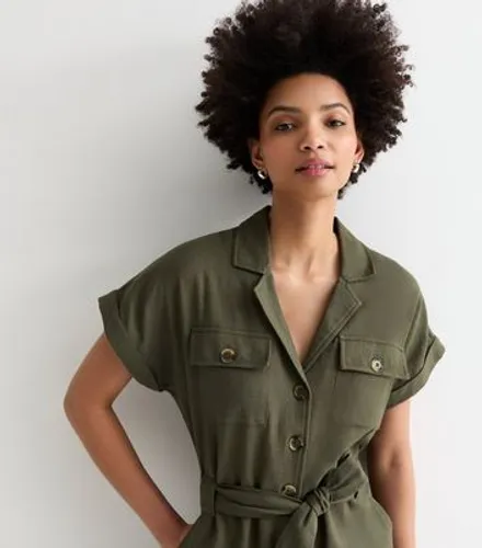 Tall Khaki Short Sleeve Belted Utility Jumpsuit New Look