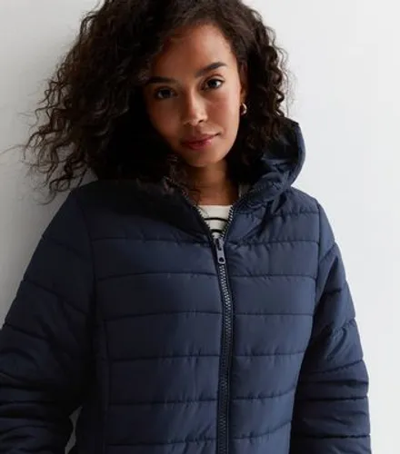 Tall Navy Puffer Hooded Zip Front Coat New Look