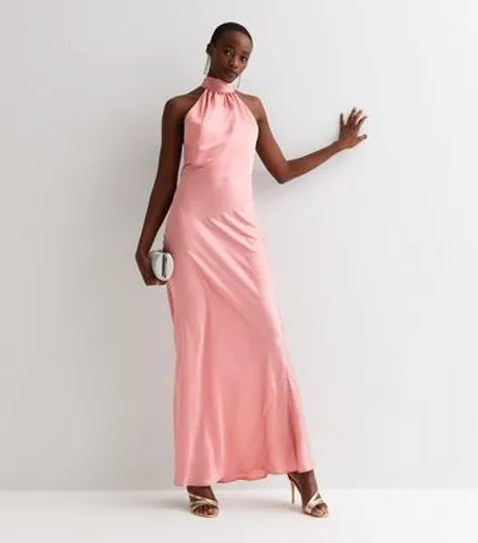 Tall Pink Satin Halter Neck Tie Back Maxi Dress New Look