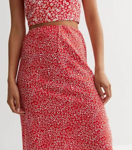 Tall Red Floral Bias Cut Midi Skirt New Look