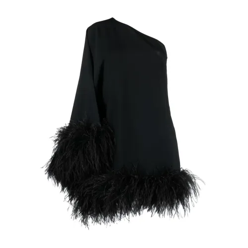 Taller Marmo , Black Feather-Trim One-Shoulder Dress ,Black female, Sizes: