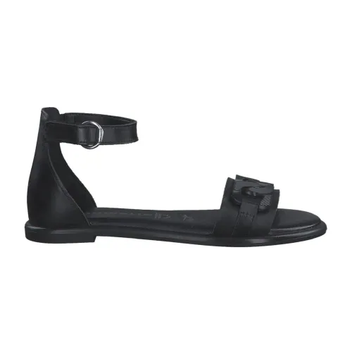 Tamaris , Black Leather Flat Sandals ,Black female, Sizes: