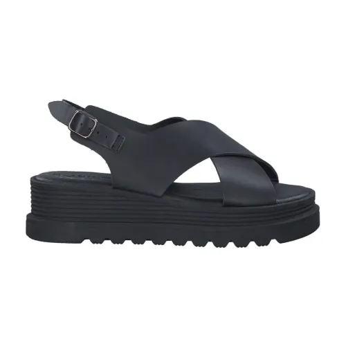 Tamaris , Black Leather Flat Sandals ,Black female, Sizes: