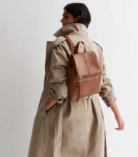 Tan Leather-Look Flap Backpack New Look