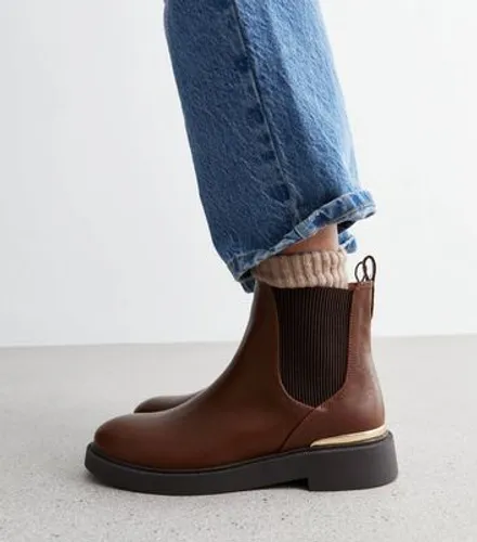 Tan Leather-Look Metal Trim Chelsea Boots New Look