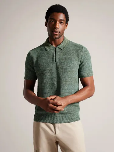 Ted Baker Blossam Textured Zip Polo Shirt - Green Olive - Male
