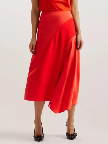 Ted Baker Bolsena Asymmetric Hem Satin Midi Skirt, Red - Red - Female