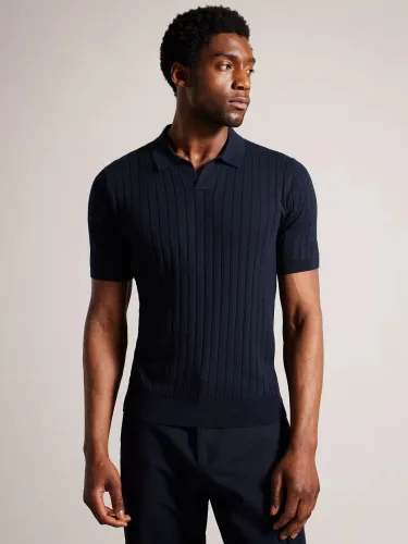 Ted Baker Botany Ribbed Silk Blend Polo Shirt - Navy - Male