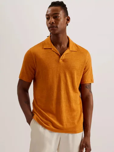 Ted Baker Flinpo Short Sleeve Regular Linen Polo Shirt - Mid Orange - Male