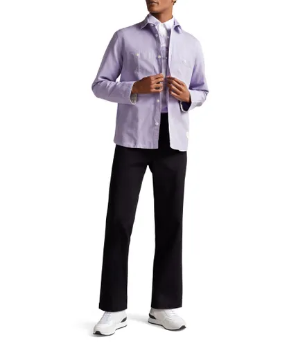 Ted Baker Mens Amoret Long-Sleeved Harrington Shacket, Light Purple Cotton/Linen