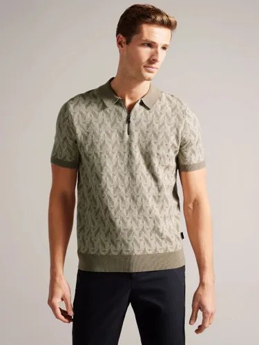 Ted Baker Mitford Wool Blend Boucle Jacquard Zip Polo Shirt - Cream/Multi - Male