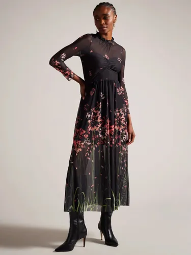 Ted Baker Susenaa Floral Print Mesh Midi Dress, Black/Multi - Black/Multi - Female