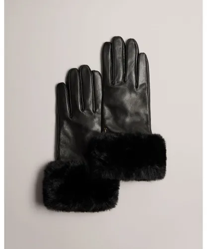 Ted Baker Womens Jessss Faux Fur Cuff Leather Gloves, Black