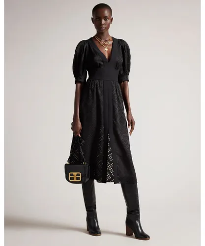 Ted Baker Womens Liyon Crepe Panelled Puff Sleeve Midi Dress, Black