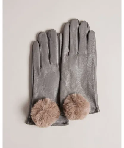 Ted Baker Womens Nacy Pom Leather Glove, Grey