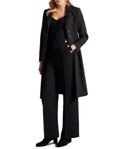 Ted Baker Womens Remmiaa City Coat With Metal Hardware, Black Polyester/Viscose