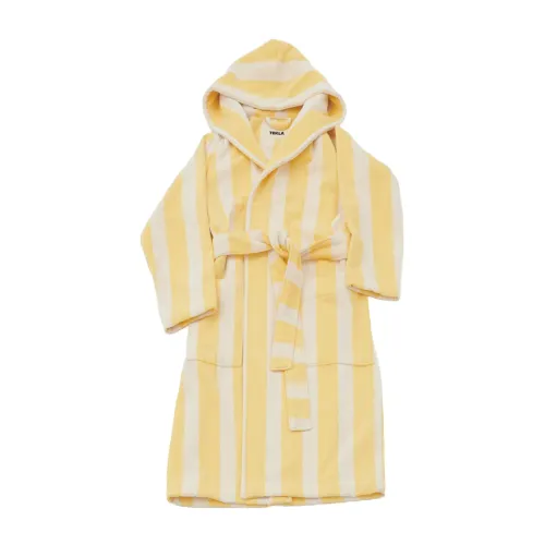 Tekla , Striped Cotton Hooded Robe ,Yellow female, Sizes: