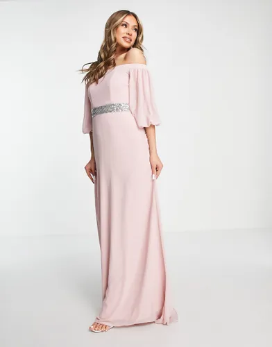 TFNC Bridesmaid bardot chiffon maxi dress with embellished waist in mauve-Pink