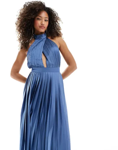 TFNC Bridesmaid satin pleated halterneck maxi dress with full skirt in aster blue
