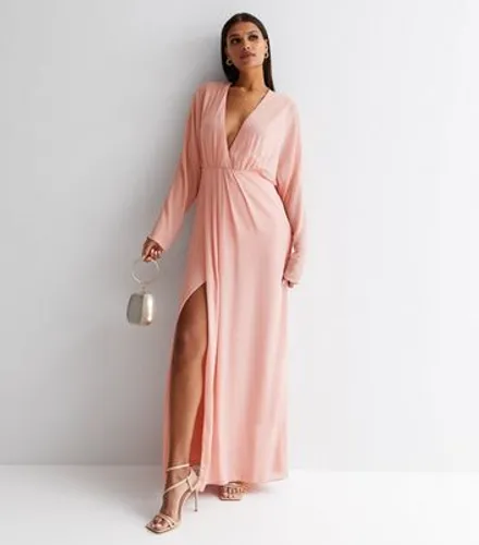 TFNC Mid Pink Plunge Neck Long Kimono Sleeve Maxi Wrap Dress New Look