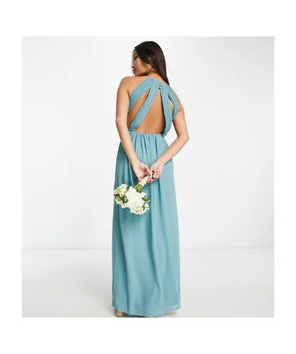 TFNC Petite Womens Bridesmaid chiffon maxi dress with pleated front and open back detail in sea blue