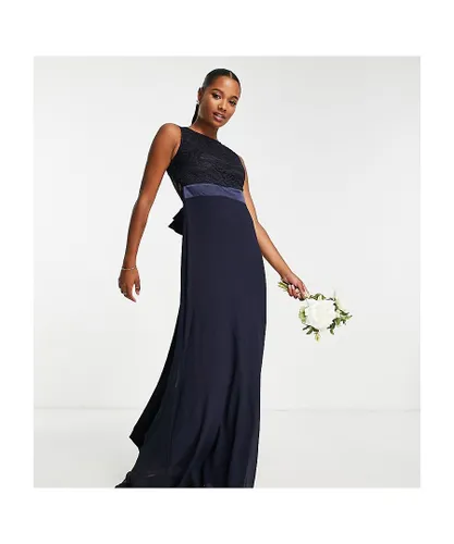 TFNC Petite Womens Bridesmaids chiffon maxi dress with lace scalloped back in navy - Blue