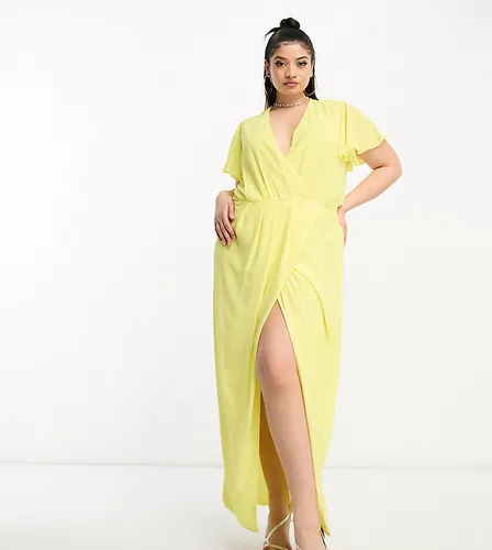 TFNC Plus Bridesmaid chiffon wrap front maxi dress with flutter sleeve in lemon yellow