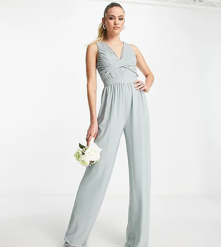 TFNC Tall Bridesmaid wrap front jumpsuit in sage green