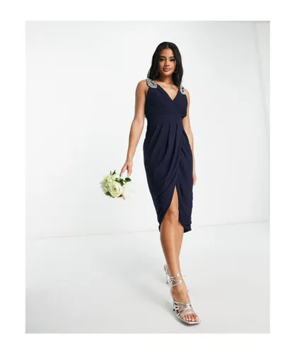 Tfnc Womens Bridesmaid wrap front chiffon midi dress with embellished shoulder detail in navy - Blue