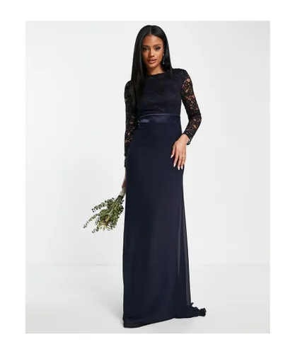 Tfnc Womens Bridesmaids chiffon maxi dress with lace scalloped back and long sleeves in navy - Blue