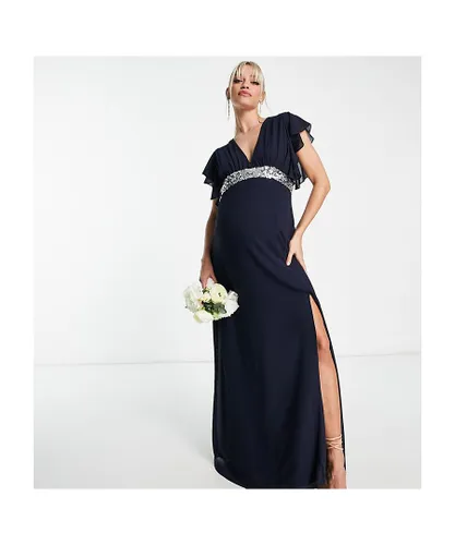 Tfnc Womens Maternity Bridesmaid chiffon maxi dress with flutter sleeve and embellished waist in navy - Blue