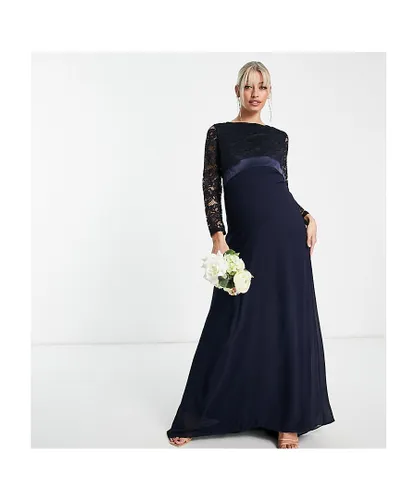 Tfnc Womens Maternity Bridesmaids chiffon maxi dress with lace scalloped back and long sleeves in navy - Blue