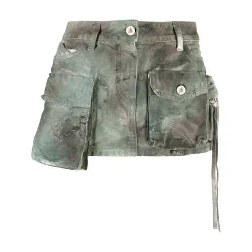 The Attico , Distressed Denim Skirt with Camouflage Embroidery ,Brown female, Sizes:
