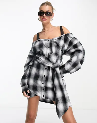 The Couture Club off shoulder button front dress in black check