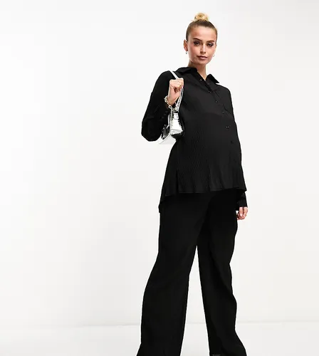 The Frolic Maternity tourmaline shirred wide long trouser co-ord in black pleated texture