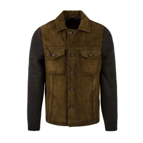 The Jack Leathers , Samu Knit 835 Green Leather Coat ,Gray male, Sizes: