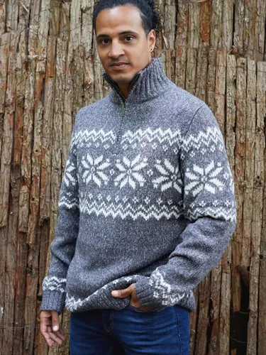 The Little Tailor Snowflake Fair Isle Chunky Zip Neck Knit Jumper, Charcoal - Charcoal - Male