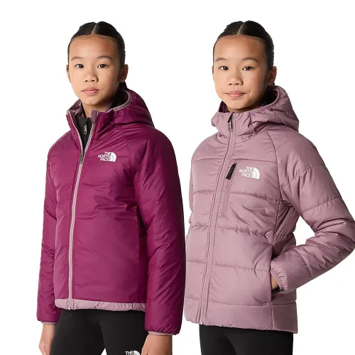 The North Face Girls Reversible Perrito Jacket: Fawn Grey/Boysenberry: