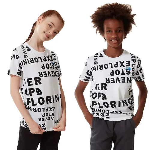 The North Face Youths Simple Dome Tee: White Tagline Toss Print:
