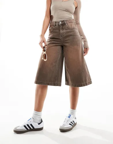 The Ragged Priest slim fit longline overwashed denim shorts in brown