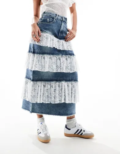 The Ragged Priest tiered maxi skirt in dirty wash denim with lace trim-Blue