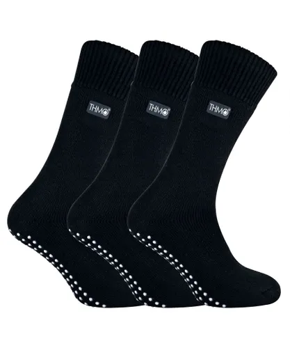 THMO - 3 Pairs Mens Fleece Lined Slipper Socks with Grippers - Black