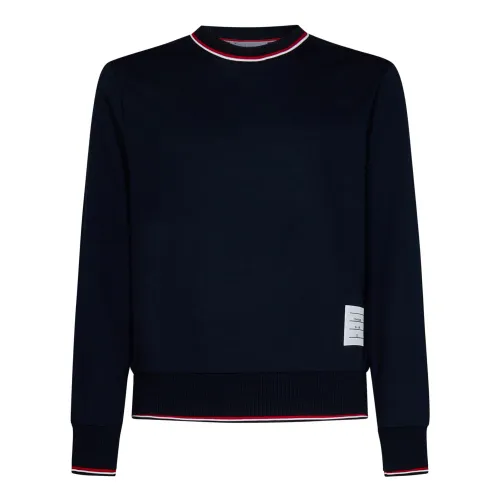 Thom Browne , Blue Ribbed Crewneck Sweater with Signature Striped Details ,Blue male, Sizes: