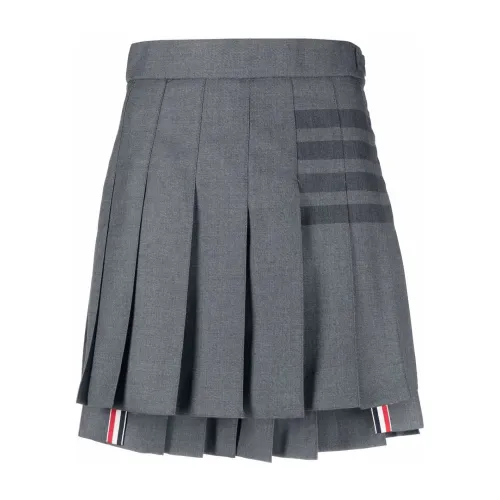 Thom Browne , Gray Wool Blend Pleated Skirt with Double Layer and Striped Detail ,Gray female, Sizes: