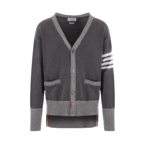 Thom Browne , Grey and White Cotton Knit Cardigan with Hector Intarsia ,Gray male, Sizes: