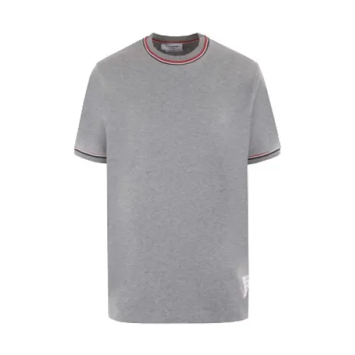 Thom Browne , Grey Cotton Jersey T-shirt with Logo and Tricolor Stripes ,Gray male, Sizes: