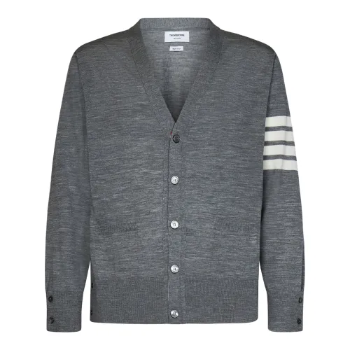 Thom Browne , Grey Knit Cardigan with 4-Bar Stripe ,Gray male, Sizes: