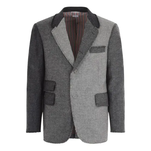 Thom Browne , Grey Shetland Wool Fringed Jacket ,Gray male, Sizes: